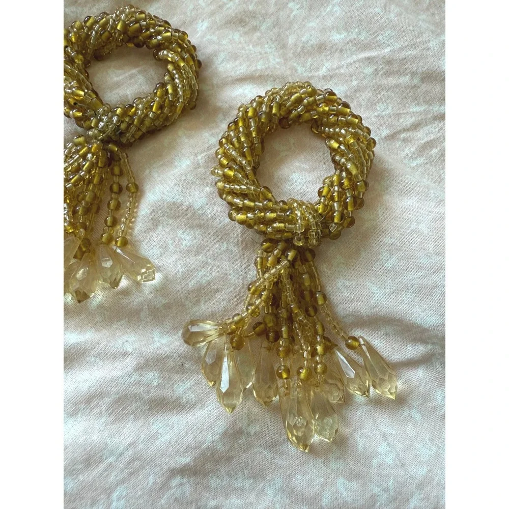Vintage Amber Gold Beaded Napkin Rings Set Boho Thanksgiving Wedding Decor Glam